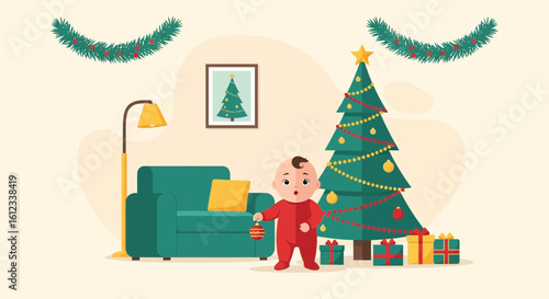 Festive Christmas Scene with Baby Exploring Holiday Decorations and Gifts by the Tree