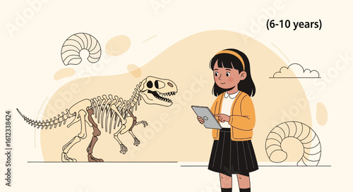 Girl With Tablet Exploring Dinosaur Skeleton And Fossils In Educational Setting