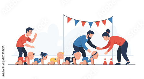 Humorous Illustration Of Parents Cheering On Their Babies Crawling Race