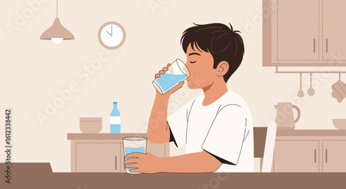 Hydrated Young Man Drinking Refreshing Water In A Bright Kitchen Indoor