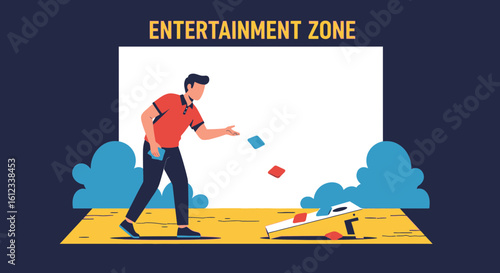 Illustrated depiction of a man playing cornhole in an entertainment zone outdoors