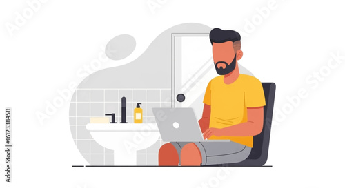 Man working on laptop in bathroom, vector illustration for website or blog.