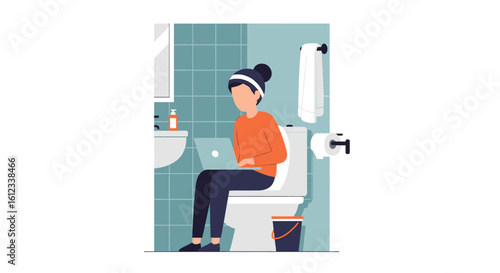 Woman working on laptop in bathroom - Illustration for articles about work-life balance, remote work challenges, or humor.