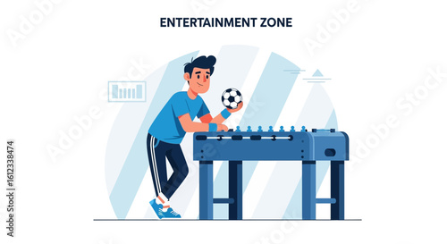 Illustrated design of a young man playing foosball in a recreational game zone