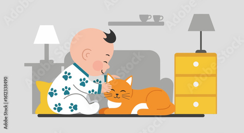 Illustration depicting a baby gently caressing an orange cat in a cozy living room scene