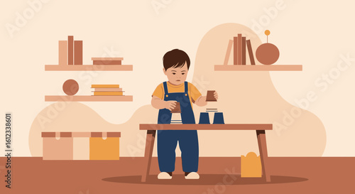 Illustration depicting a toddler engrossed in a cup stacking game at home learning through play