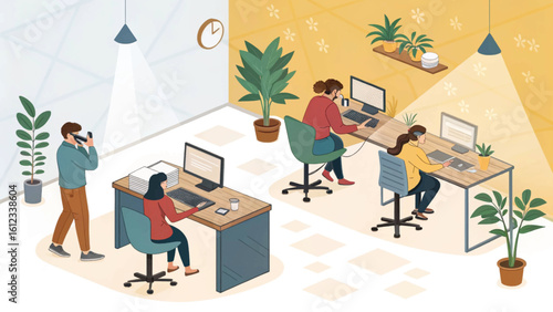 Modern co-working space illustration perfect for website banners, brochures, or presentations.