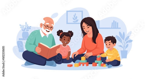 Grandparents, parents, and grandchildren playing together. Illustration perfect for family blogs, children's books, or websites.