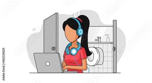 Woman working on laptop in restroom, illustration for blog post or article about remote work.