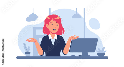 Confused businesswoman at her desk, ideal for websites and presentations about problem-solving or challenges in the workplace.