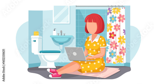 Woman working on laptop in bathroom, perfect for articles about remote work or work-life balance.