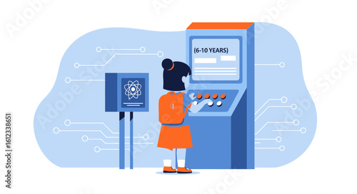 Illustration depicting a young girl engaging with a science-themed interactive exhibit for children aged 6 to 10 years old