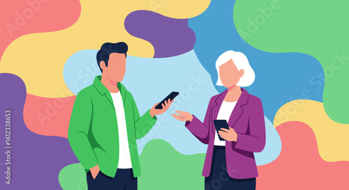 Two colleagues having a business discussion using smartphones. Ideal for websites, presentations, and marketing materials.