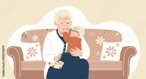 Grandfather Showing Affection Holding Grandson on Sofa Enjoying Family Time Together