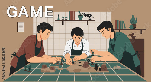 Illustration depicting group of friends enjoying tabletop strategy gaming at home studio