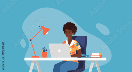 Woman working on laptop at home office, ideal for website banners or blog posts about remote work.