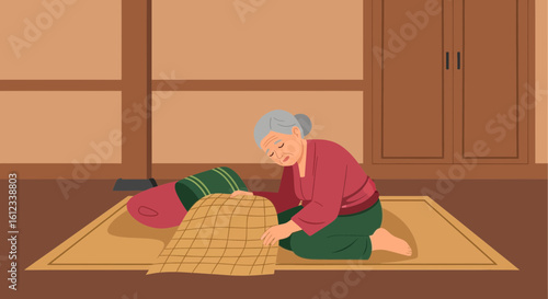 Grandmother On Her Knees Carefully Smoothing A Quilted Cloth On A Rug