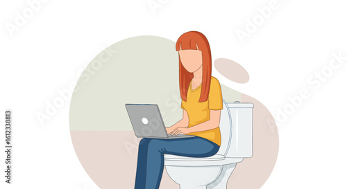 Woman working on laptop while sitting on toilet - illustration for blog post or social media.
