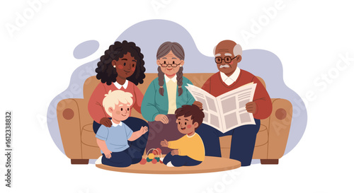 Happy multigenerational family relaxing at home, perfect for family, togetherness, and generational themes.