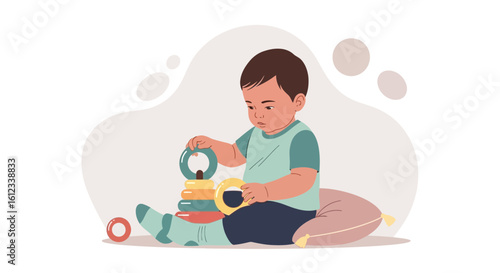 Illustration of a baby playing with a stacking ring toy demonstrating early development