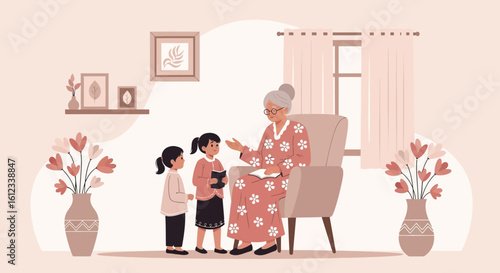 Grandmother Reads A Story To Her Granddaughters At Home With Love