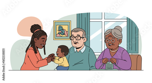 Happy multigenerational family spending time together, perfect for family, bonding, and generational themes.