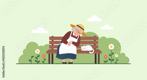 Grandmother Taking A Nap With Her Cat On A Bench In The Park