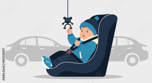 Illustration of a baby sitting in a car seat with safety belt properly fastened for protection and security during travel