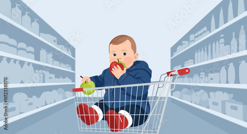 Illustration of a baby sitting in a shopping cart eating an apple at supermarket aisle
