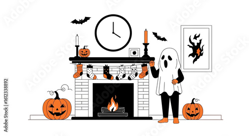 Festive Halloween Spirit Illustration With Child Ghost Costume And Fireplace