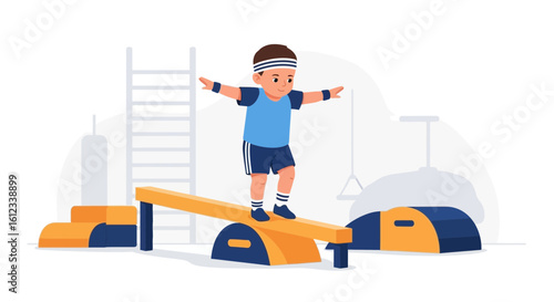 Illustration of a boy balancing on a balance beam in an indoor playground setting