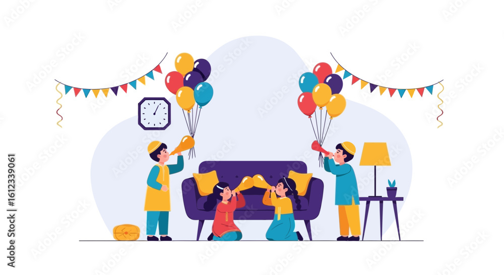 Festive Muslim Children Celebrating Eid With Balloons And Party Horns In Living Room Festive Muslim Children Celebrating Eid With Balloons And Party Horns In Living Room