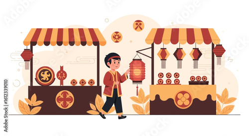 Festive mid autumn festival celebration with traditional food and vibrant lanterns, showing culture