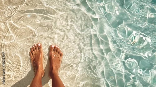 Close-up view of bare feet standing in clear turquoise water, sunlight creating shimmering patterns on the surface, evoking a sense of relaxation and tranquility by the poolside