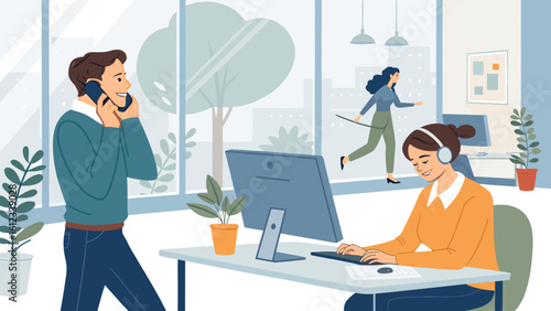 Illustration of diverse coworkers in a modern office setting, ideal for website banners or business brochures.