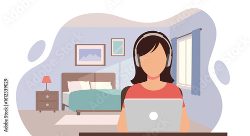 Woman working from home on laptop, wearing headphones. Ideal for blog posts, articles about remote work or work-life balance.
