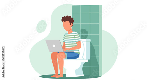 Man working on laptop while sitting on toilet - illustration for articles about work-life balance or remote work.