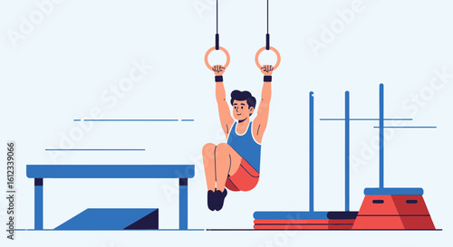 Gymnast Performing Abdominal Exercise On Gymnastic Rings In Sports Center