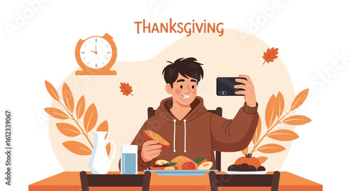 Guy Taking a Photo with Thanksgiving Dinner at Home with Mobile Phone