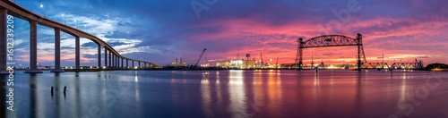 Industrial waterfront along the Elizabeth River in Chesapeake Virginia at sunset, lit by brilliant blues, pinks, and purples