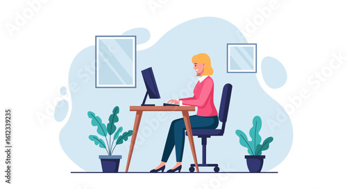 Happy woman working on computer in modern office, perfect for website banners or blog posts.