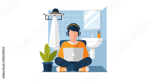 Person working on laptop in bathroom, perfect for articles on remote work, work-life balance, or unusual workspaces.
