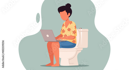 Person working on laptop while sitting on toilet - illustration for blog, website or social media.