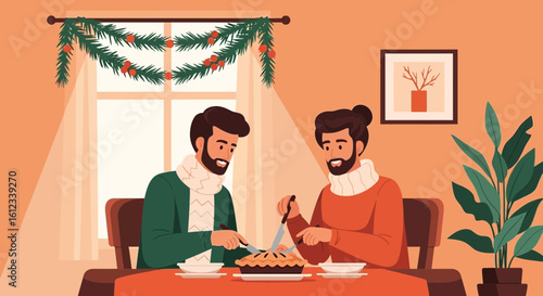 Festive Wintertime Gathering Two Young Men Sharing Homemade Pie Holiday Vector