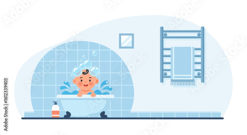 Happy Baby Enjoying Bubble Bath Time In Blue Minimalist Bathroom Scene