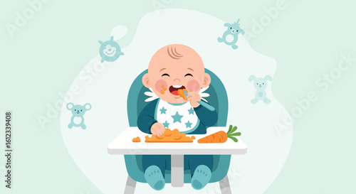 Happy Baby Eating Carrots in High Chair With Animal Toy Decorations