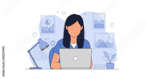 Woman working on laptop, illustration for website or blog post about remote work, freelance, or online business.