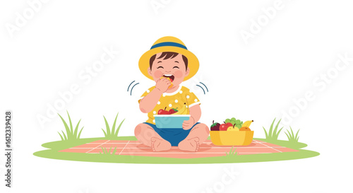 Happy Baby Enjoying Fresh Fruits At Outdoor Picnic On Sunny Day