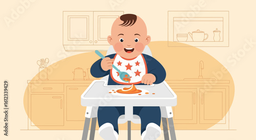 Happy Baby Enjoying First Solid Food in High Chair at Home