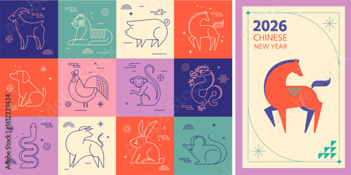 Chinese horoscope zodiac signs collection, geometric linear minimalist style. Animals symbols for Chinese New year.